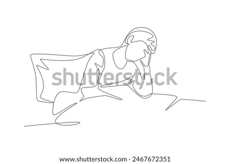 A man who has trouble sleeping. Struggling to sleep concept one-line drawing