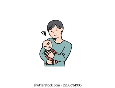A man who is having trouble handling his baby Simple line character illustration