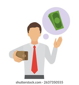 A man who holds an empty wallet must find money. Lack of money concept. Cartoon Vector Illustration. 