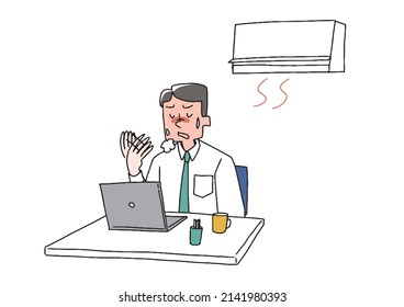 A man who is too hot because the air conditioner in the workplace is too effective. A comical handwritten person. Vector, line drawing and color.