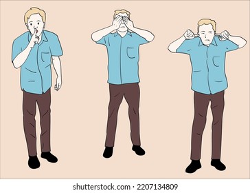Man who interacts with the five senses. Hand drawn style vector design