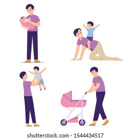 man who just became a father playing and taking care of his child, a set of illustrations of the father and son characters together