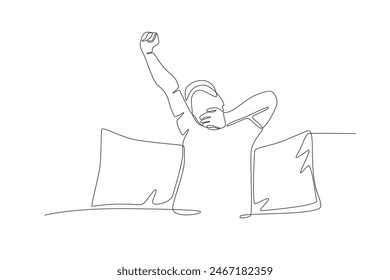 The man who just woke up yawned. Waking up in the morning concept one-line drawing