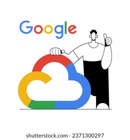 Man who leans on the Google cloud. Data storage concept. Card, cover, web banner, poster for social media. Flat vector illustration in cartoon style.