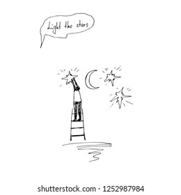 The man who lights the stars. Month on sky. Inscription - light the stars.