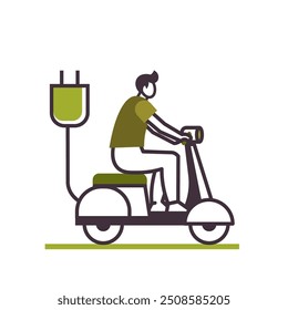 A man who lives a sustainable lifestyle and rides an electric scooter. Electric transportation and eco friendly vehicle concept. Flat vector illustration. Not AI generated