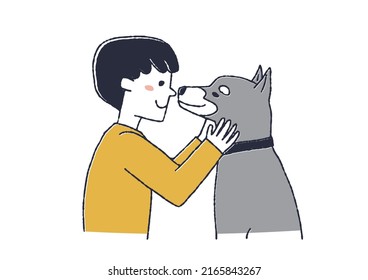 A man who loves his pet Shiba Inu, a comical handwritten person vector, a warm line drawing