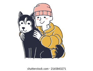 A man who loves his pet Siberian Husky, a comical handwritten person vector, a warm line drawing