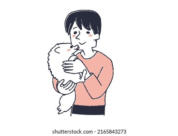 A man who loves his pet Pomeranian, a comical handwritten person vector, a warm line drawing
