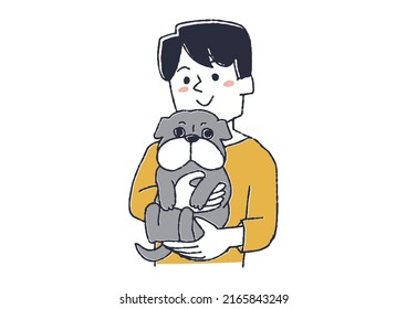 A man who loves pet pugs, a comical handwritten person vector, a warm line drawing