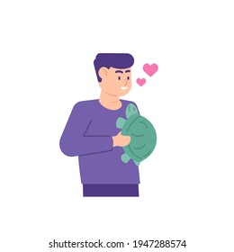 a man who loves turtles. holding or hugging a turtle. animal lover. turtle lover. flat style. vector design