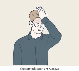 A man who made a mistake. Negative emotion facial expression feeling. Hand drawn in thin line style, vector illustrations.