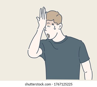 A man who made a mistake. Negative emotion facial expression feeling. Hand drawn in thin line style, vector illustrations.