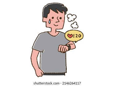 A man who manages heart rate with a smart watch Comical handwritten person Vector, color on line drawing
