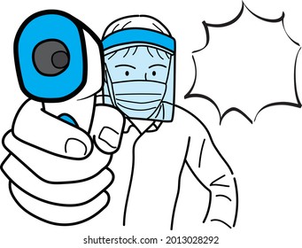 A man who measures the temperature with a non-contact thermometer, with a balloon