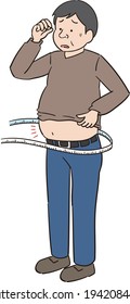 A man who measures the waistline and is worried about getting fat