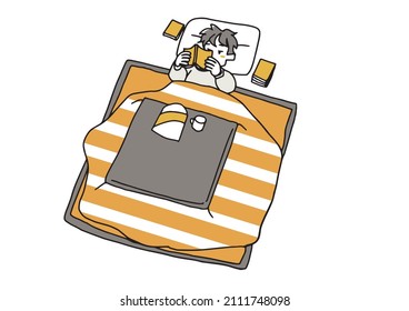 A man who is messing around in a kotatsu, a comical handwritten person, a vector, and simple coloring of line drawings.