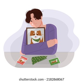 A Man Who Misses His Dead Dog. Lost Pet Owner Concept Vector Illustration.