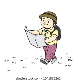 The man who opened the paper map of the journey vector drawn