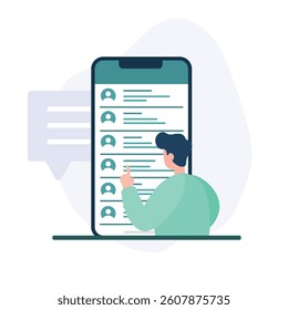 man who is opening a message application. a teenage boy who receives many messages online