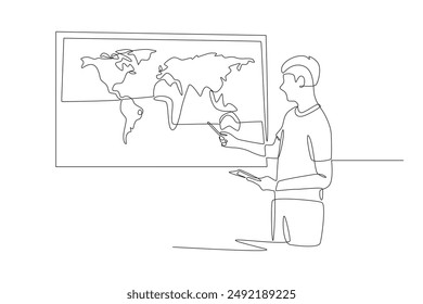 The man who outlined the world map. World map concept one-line drawing