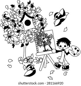 The man who paints the picture of the tree of colorful leaf.
