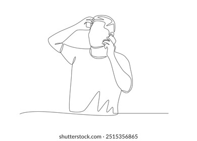 Um homem que entra em pânico quando liga. Fazer chamadas telefônicas conceito desenho de uma linha