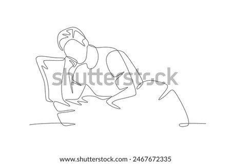 A man who is pensive because he has difficulty sleeping. Struggling to sleep concept one-line drawing