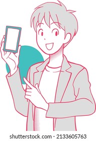 A man who points to a smartphone and recommends it