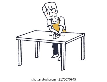 A man who polishes a table with a sander People who repair houses and furniture with DIY
