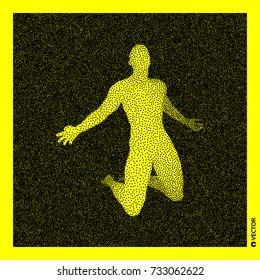 Man who prays. 3D Human Body Model. Black and yellow grainy design. Stippled vector illustration.