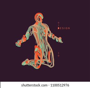 Man who prays. 3d model of man. Vector illustration. Wire connection to virtual reality.