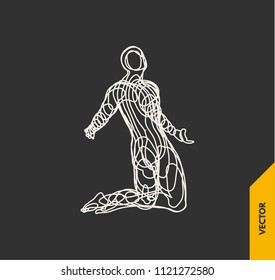 Hombre que reza. 3d modelo de hombre. Ilustración vectorial. Conexión por cable a la realidad virtual.