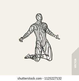 Man who prays. 3d model of man. Vector illustration. Wire connection to virtual reality.