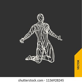 Man who prays. 3d model of man. Vector illustration. Wire connection to virtual reality.