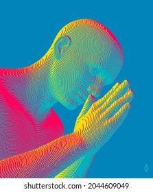 Man who prays. Hands in praying position. Prayer to god with faith and hope. Concept for religion, worship, love and spirituality. 3d vector illustration. 