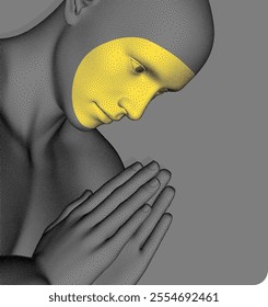 Man who prays. Hands in praying position. Prayer to god with faith and hope. Concept for religion, worship, love and spirituality. 3d vector illustration. 