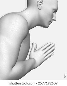 Man who prays. Hands in praying position. Prayer to god with faith and hope. Concept for religion, worship, love and spirituality. 3d vector illustration. 