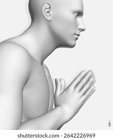 Man who prays. Hands in praying position. Prayer to god with faith and hope. Concept for religion, worship, love and spirituality. 3d vector illustration. 