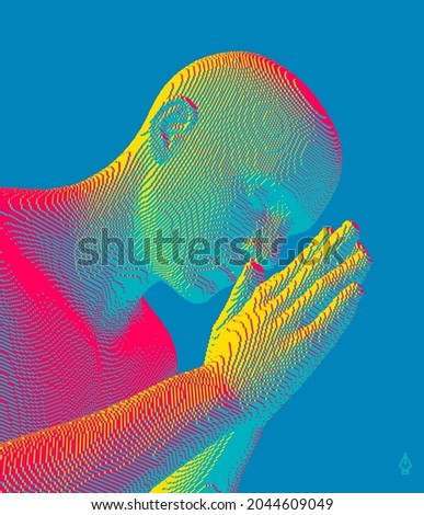 Man who prays. Hands in praying position. Prayer to god with faith and hope. Concept for religion, worship, love and spirituality. 3d vector illustration. 