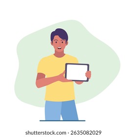 man who is promoting something. man standing smiling and holding a tablet. flat design