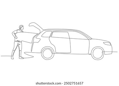 The man who put things in the car before going on holiday. Holiday travel concept one-line drawing