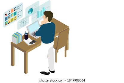 A man who puts his hand on his chin and thinks about work isometric