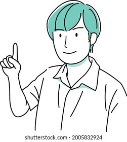 A man who raises his index finger with a smile
