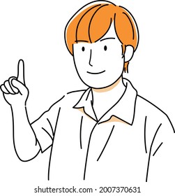 A man who raises his index finger with a smile