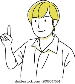 A man who raises his index finger with a smile