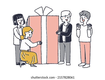 A man who received a big present from his friends, a comical handwritten person vector, a warm line drawing