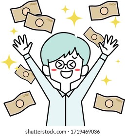 A man who rejoices with a bill flying in the air