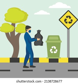 Man Who Removes Trash Is A Dump In The Streets Concept, Sanitation worker vector icon design, Industrial cleaning service symbol, office and street caretaker Sign, maintenance appliance and equipment