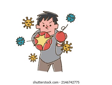A man who repels a virus, a comical handwritten person, a vector, a line drawing in color